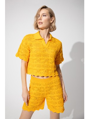 Sherin Sarı Polo Yaka Kazak Şort Triko Takım SWTK4634-35SA