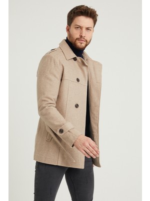 Modamesto Erkek Bej Slim Fit Kruvaze Kemerli Kaşe Kaban