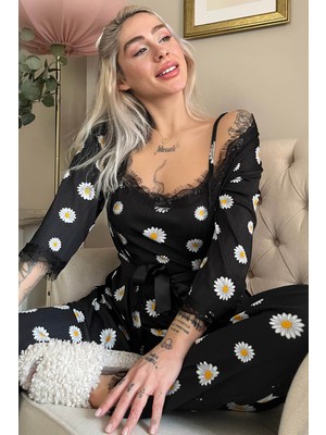 Pijama Evi Siyah Papatya Papatya Desenli Sabahlıklı Pegasus Pijama Takımı