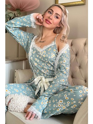 Pijama Evi Yeşil Sarı Mini Papatya Desenli Sabahlıklı Pegasus Pijama Takımı