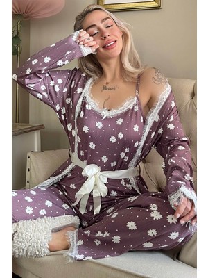 Pijama Evi Kadın Lila Papatya Desenli Sabahlıklı Pegasus Pijama Takımı Özel Tasarım