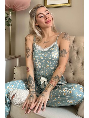 Pijama Evi Yeşil Mini Papatya Dantelli Ip Askılı Örme Kadın Pijama Takımı