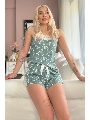Pijama Evi Yeşil Zeytin Dalı Pegasus Dantel Detaylı Ip Askı Şortlu Örme Pijama Takımı