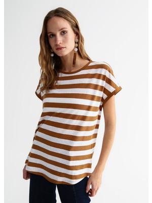 Fabrika Comfort Bisiklet Yaka Çizgili Beyaz - Bej Kadın T-Shirt Cm-Herman