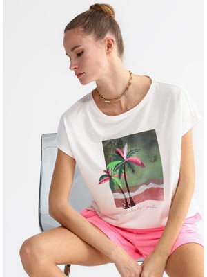 Fabrika Bisiklet Yaka Baskılı Beyaz Kadın T-Shirt ANDA