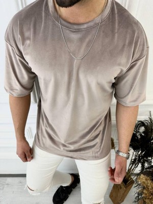 Elku Moda  T-Shirt Oversize Tişört Bol Kesim Kadife Tişört