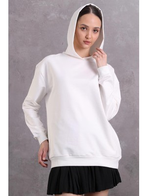 Fancy Kadın Kapüşonlu Yandan Cepli Ekru Relaxed fit Basic Sweatshirt