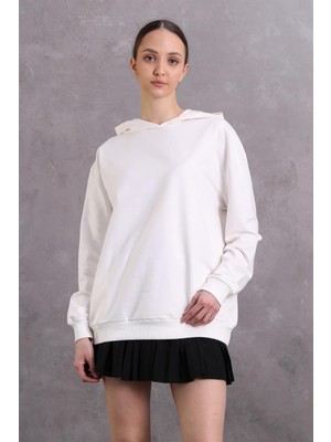 Fancy Kadın Kapüşonlu Yandan Cepli Ekru Relaxed fit Basic Sweatshirt