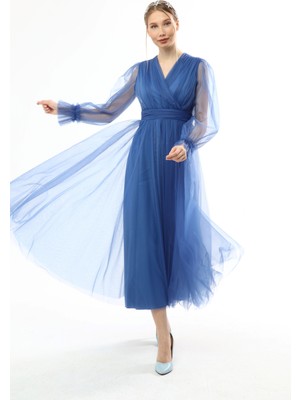 Asees Önü Kruvaze Uzun Kol Tül Abiye Elbise