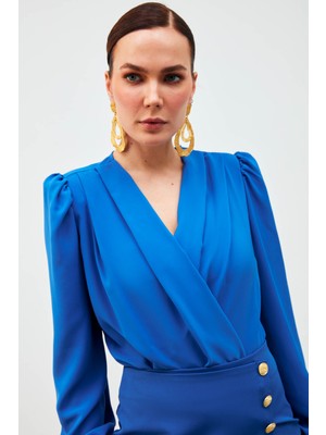 Kol Tüy Detaylı Bodysuit Bluz - Sax Mavi
