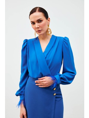 Kol Tüy Detaylı Bodysuit Bluz - Sax Mavi