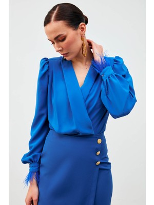 Kol Tüy Detaylı Bodysuit Bluz - Sax Mavi