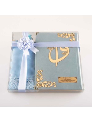 Şal + Tesbih + Kuran Hediye Seti (Çanta Boy, Kadife, Açık Mavi)