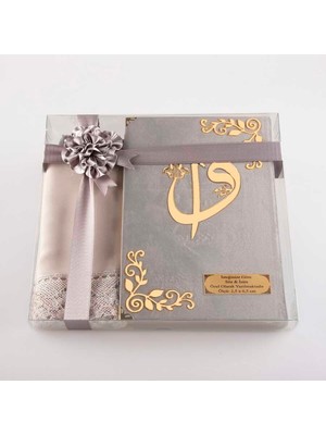 Şal + Tesbih + Kuran Hediye Seti (Çanta Boy, Kadife, Gri)