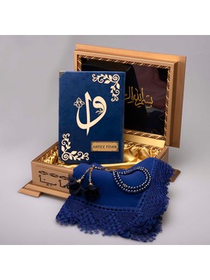 Şal + Tesbih + Kuran Hediye Seti (Hafız Boy, Ahşap Kutulu, Kadife, Lacivert)