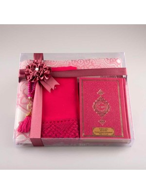 Şal + Seccade + Tesbih + Kuran Hediye Seti (Çanta Boy, Fuşya Pembe)