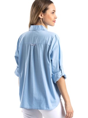 Moda Salve Kadın Mavi Cepli Basic Gömlek