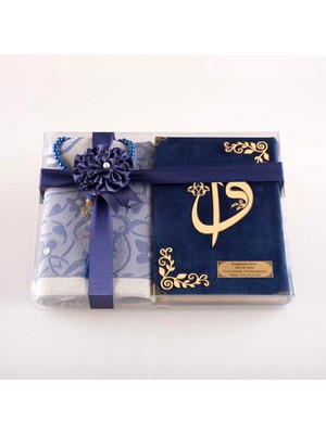 Seccade + Tesbih + Kuran Hediye Seti (Çanta Boy, Kadife, Lacivert)