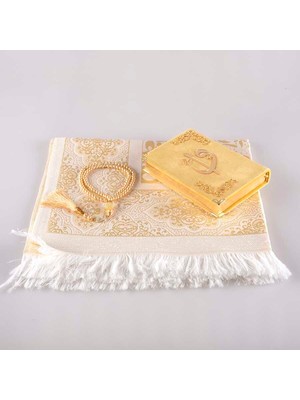 Seccade + Tesbih + Kuran Hediye Seti (Çanta Boy, Kadife, Gold)