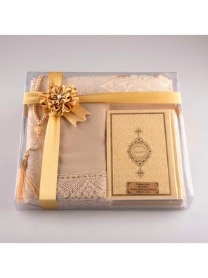 Şal + Seccade + Tesbih + Kuran Hediye Seti (Çanta Boy, Gold)