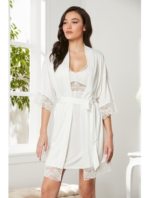 Kadın 4020 Penye Dantelli Gecelik & Sabahlık Takım Ekru