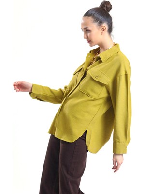 Moda Salve Kadın Zeytin Yeşili Oversize Kesim Cepli Uzun Basic Gömlek