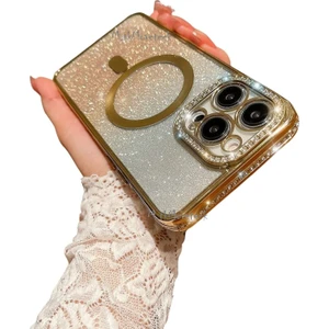 M.TK Moveteck Iphone 14 Pro Max Kamera Korumalı Swarovski Özel Taşlı Kılıf Gösterişli Manyetik Magsafe Destekli Simli Iç Dokusu Parlak