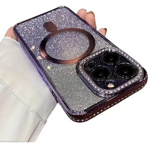 M.TK Moveteck Iphone 14 Pro Için Kamera Korumalı Swarovski Özel Taşlı Kılıf Gösterişli Manyetik Magsafe Destekli Simli Iç Dokusu Parlak