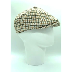 BE Hoope Kışlık Yünlü Krem-Bej Kazayağı Desenli 8 Parçalı Ingiliz Stili Peaky Blinders Kasket Şapka