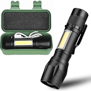 Ultra Güçlü 2500 Lumens + 5W Cob LED USB Şarjlı El Feneri Kutulu Kamp Feneri Avcılık Feneri