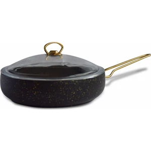 26 cm Cam Kapaklı Granit Düz Tava Altın Renk Kulplu