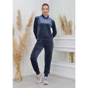 Yakalı Yarım Fermuarlı Kadife Takım Koyu Gri Rengi