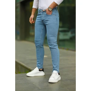 Erkek Açık Mavi Lazerli Skinny Fit Jean Pantolon