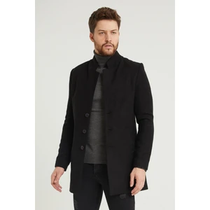 Erkek Siyah Slim Fit Dik Yaka Kaşe Kaban