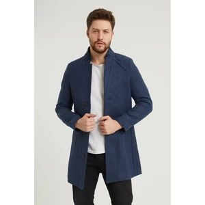 Erkek Lacivert Slim Fit Dik Yaka Kaşe Kaban