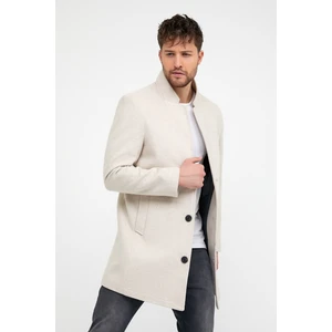Erkek Ekru Slim Fit Dik Yaka Kaşe Kaban