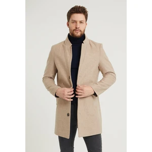 Erkek Bej Slim Fit Dik Yaka Kaşe Kaban