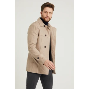 Erkek Bej Slim Fit Kruvaze Kemerli Kaşe Kaban
