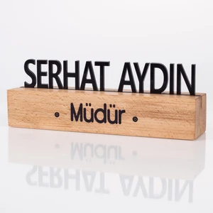 Masif Kayın Ahşap Masaüstü Isimlik Standı Siyah Akrilik Masa Isimliği