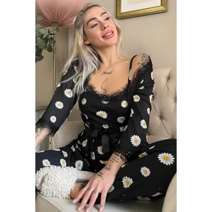 Pijama Evi Siyah Papatya Papatya Desenli Sabahlıklı Pegasus Pijama Takımı