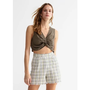 Normal Bel Basic Beyaz - Yeşil Kadın Şort RIZOT