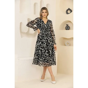 Neşeli Butik Kadın Siyah Desenli Şifon Elbise RSSN32