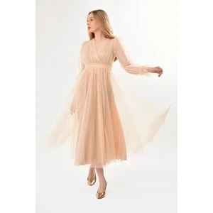 Önü Kruvaze Uzun Kol Tül Abiye Elbise Trend Şıklıkta Kadınlar İçin Özel Günler