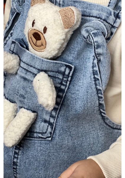 Unisex Çocuk Askısı Bağlamalı Teddy Oyuncaklı 2'li Mavi Kot Salopet