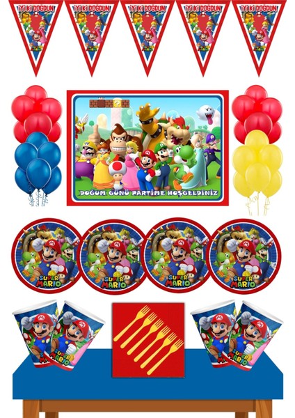 Super Mario Doğum Günü Konsepti Büyük Boy Afiş 50X70 Cm 24 Kişilik Super Mario doğum Günü Seti