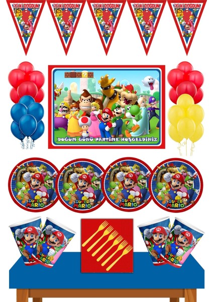 Parti Furyası Super Mario Doğum Günü Konsepti Büyük Boy Afiş 50X70 cm 16 Kişilik Super Mario  doğum Günü Seti 