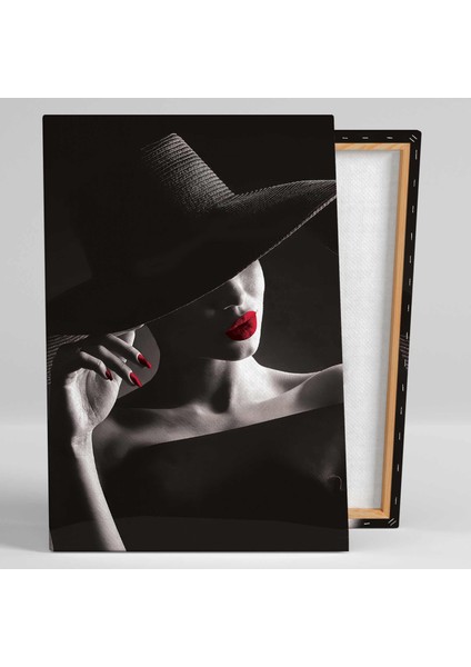 Nostalji Kırmızı Rujlu ve Ojeli Şapkalı Asil Kadın Kanvas Tablo fiyatları