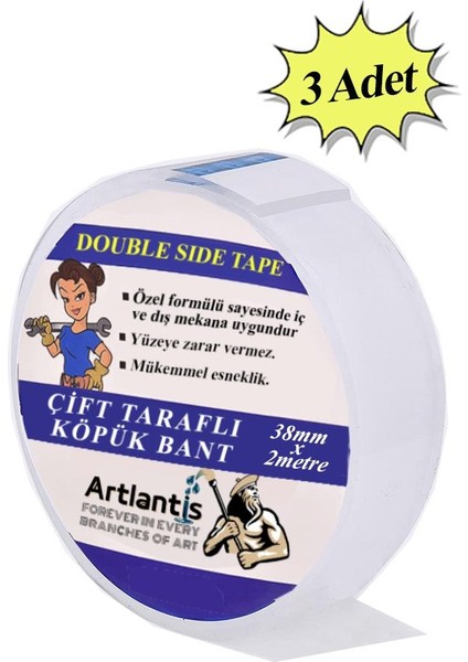 Çift Taraflı Bant Köpük Bant 38MM x 2mt 3 Adet Çerçeve Tablo Halı Yapıştırma Bandı Iç ve Dış Mekan Süper Güçlü Köpük Bant