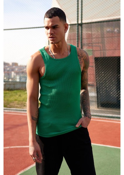 Erkek Yeşil Fitilli Halter Yaka Askılı Sporcu Likralı Tank Top Kaşkorse Atlet