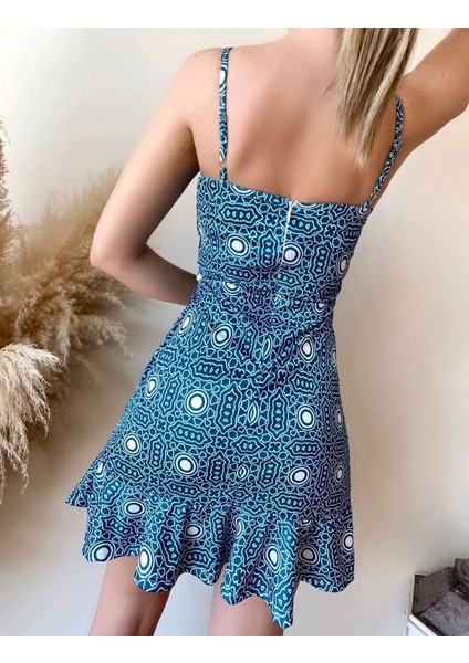 Kadın Turkuaz Desenli Fırfır ve Kuşak Detaylı Askılı Mini Elbise modelleri